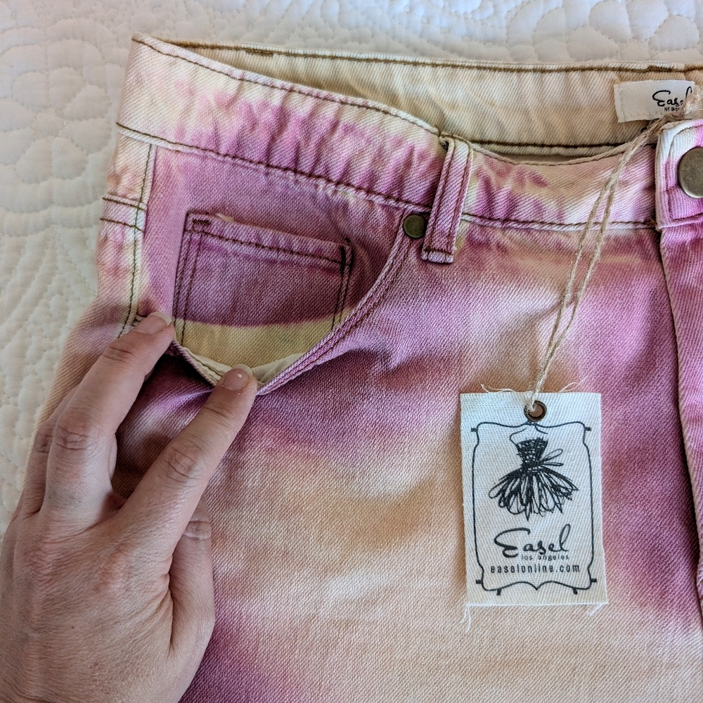 Easel Tie Dye Denim Shorts Women Large Rose Butter Raw Hem Cutoff Boho Festival - Picture 3 of 6